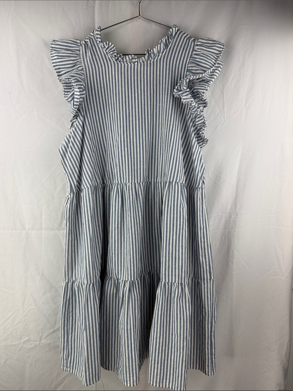 Mudpie Blue & White Striped Tiered Ruffle Sleeve Tie Back Size Large Kids Dress - Picture 2 of 7